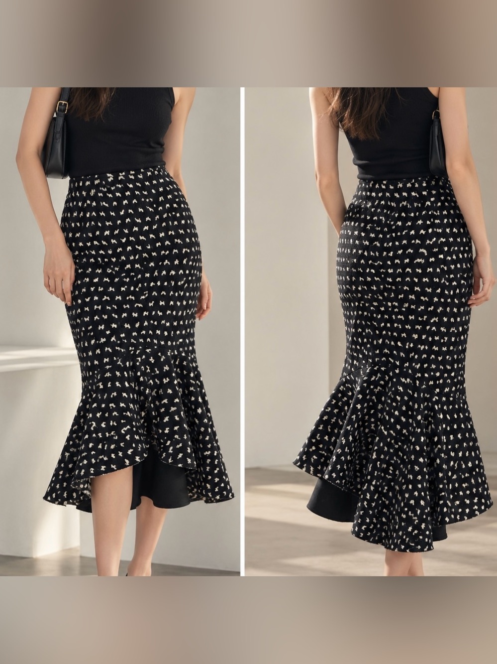Black Patterned Mermaid Midi Skirt